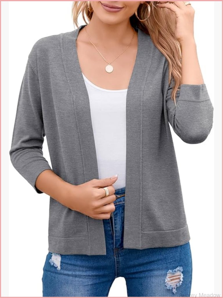 3/4 Sleeve Open Front Cropped Cardigan Lightweight Knit Shrug